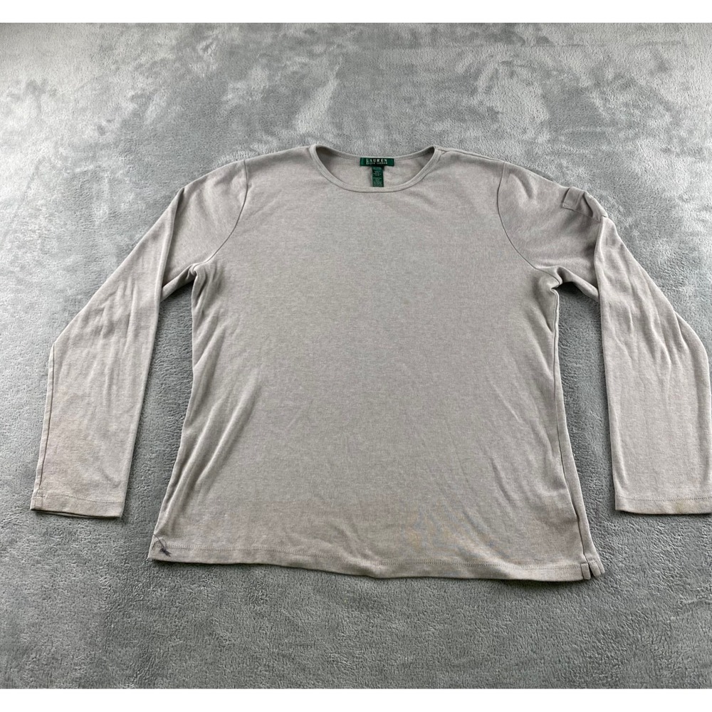 Lauren Ralph Lauren Womens XL Taupe Ribbed Cotton Blend Long Sleeve Crewneck Top